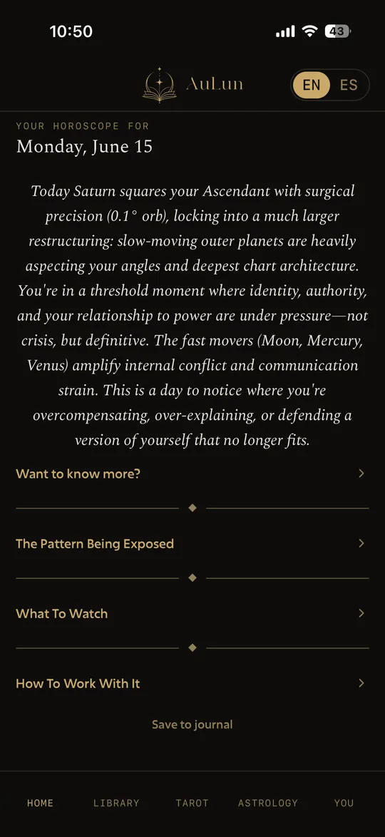 An AuLun daily forensic transit horoscope — Saturn squaring the Ascendant, read in plain language.
