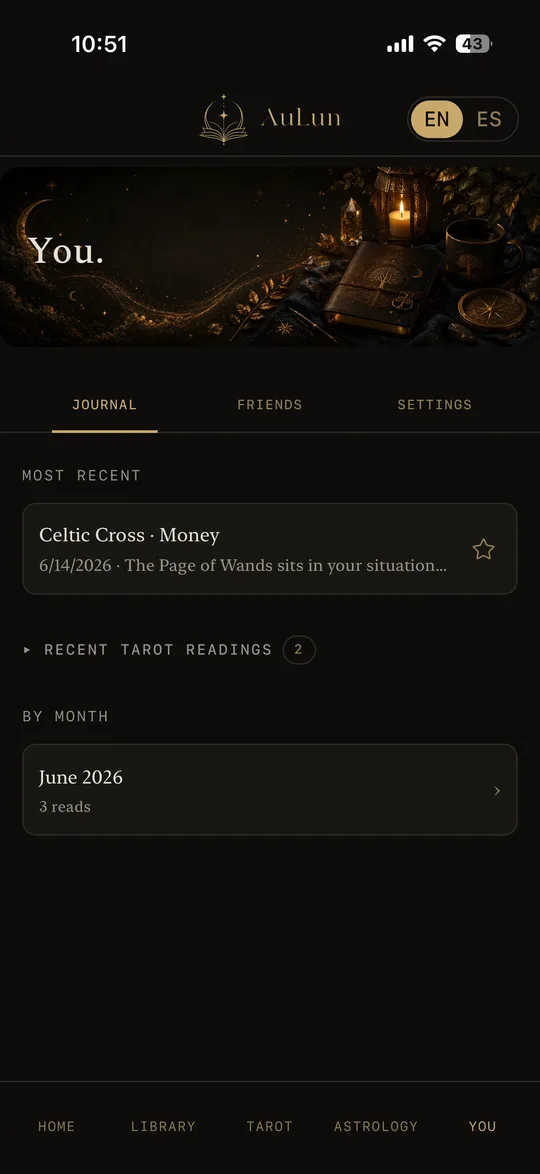 The AuLun journal — your readings gathered by month, with monthly pattern analysis.