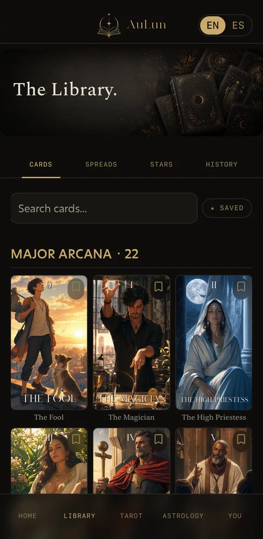 The AuLun Library — the Major Arcana, each card in its own art.