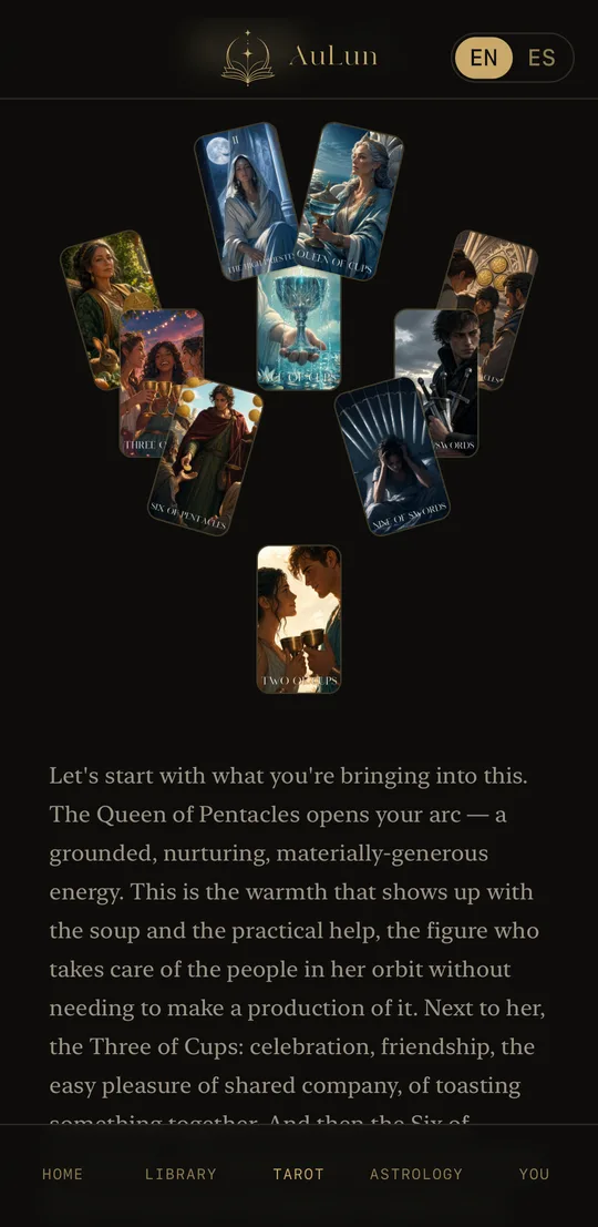 A live AuLun reading — the cards laid out, with the forensic narrative beneath.