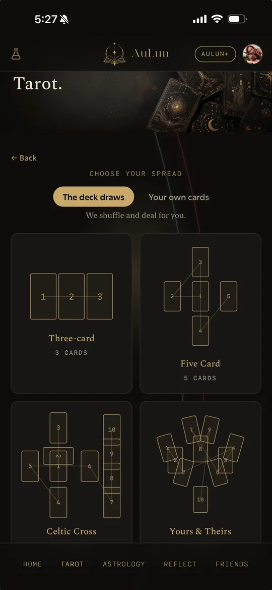 AuLun's spread chooser — four spread geometries laid out to pick from.