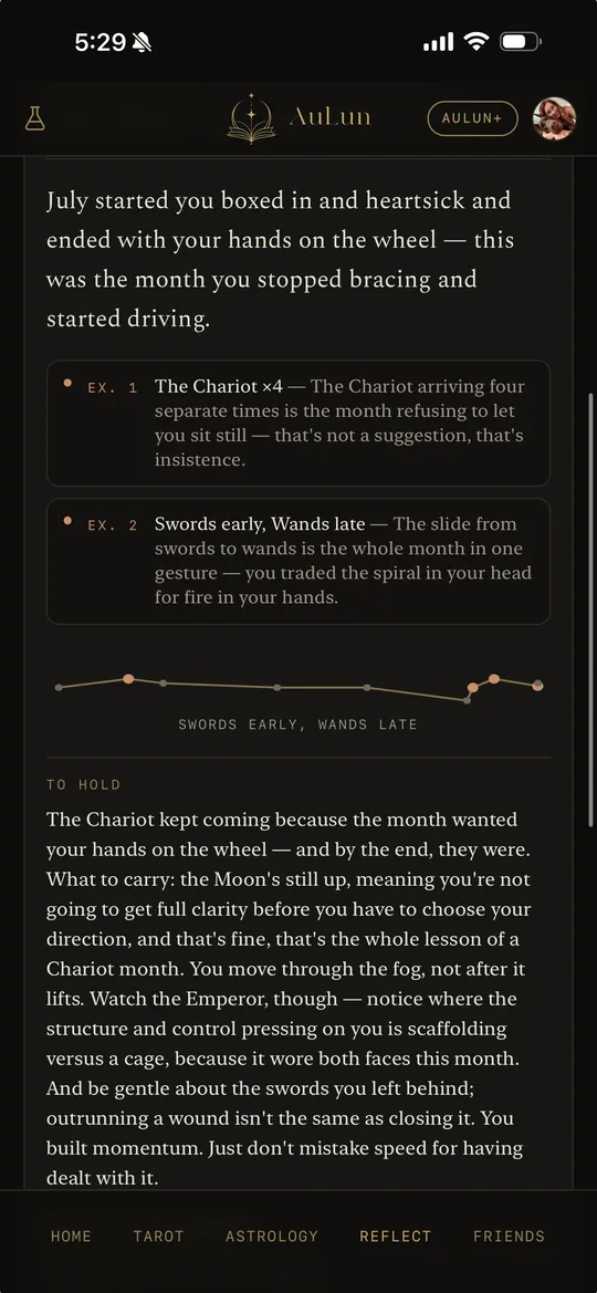 An AuLun monthly throughline — 'The Chariot kept coming…', the thread across a month of readings.
